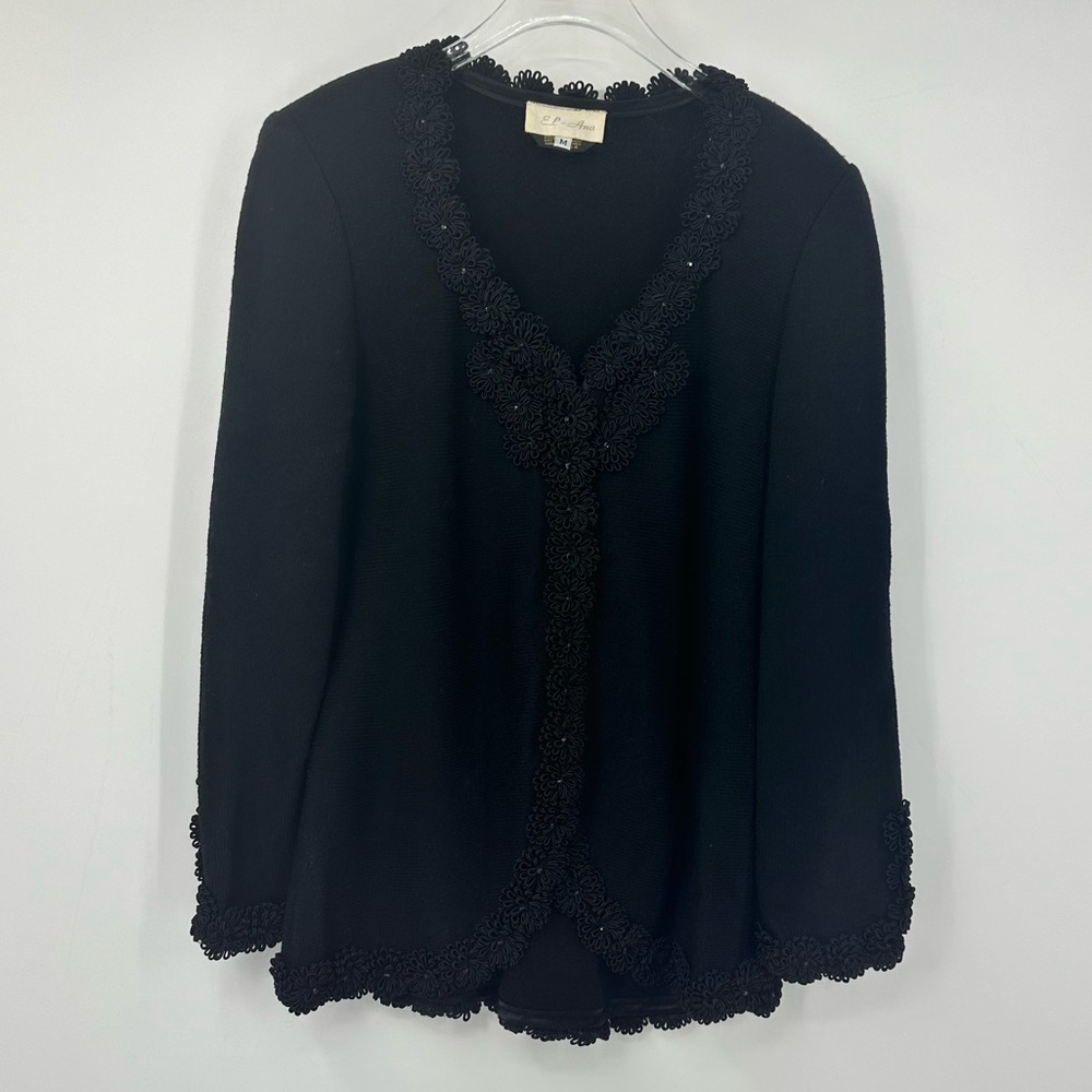 VTG El Ana Knit Long Sleeve Top Black Flower Applique Womens Medium V Neck